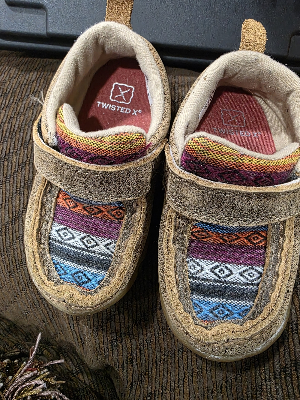 Twisted X Kids Tan Suede Moccasins with Multicolor Pattern